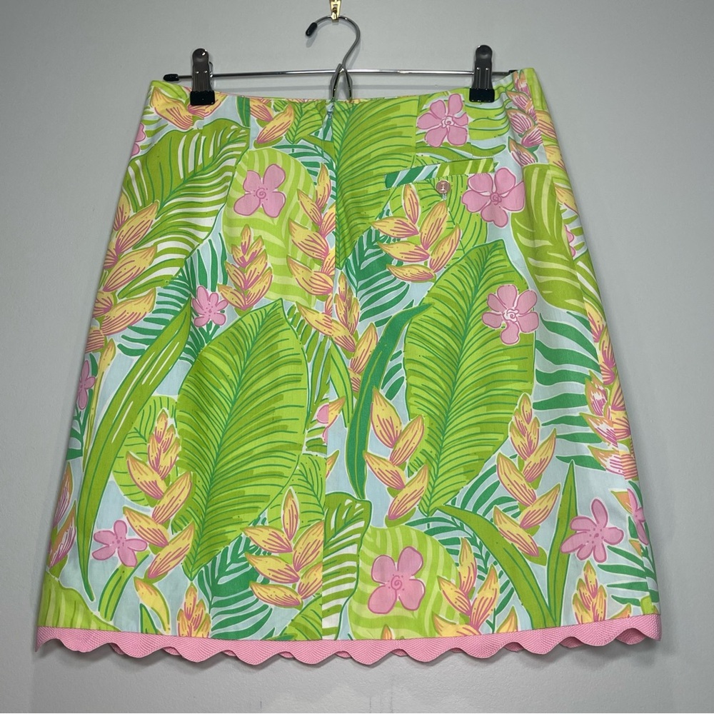 LILLY PULITZER Skirt Botanical Print Green Yellow Pink Scalloped Hem Size 2 - Picture 2 of 10